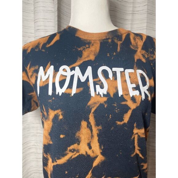 🌸 Gildan Heavy Cotton "Momster" T Shirt Black with Bleach Tie Dye Halloween - Picture 3 of 9